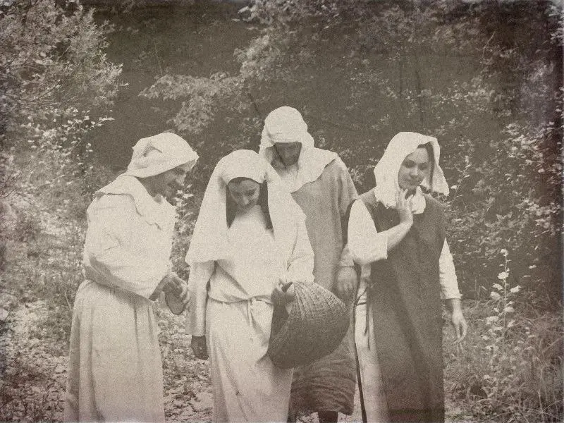 Townspeople rush to the scene — historical reenactment