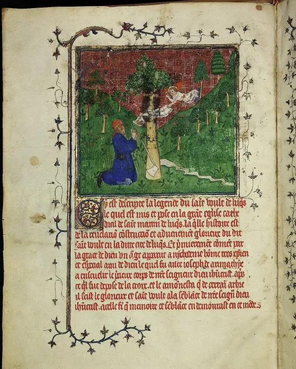 Nicodemus carves the Volto Santo, completed by an angelic hand — illumination from the Codice Rapondi