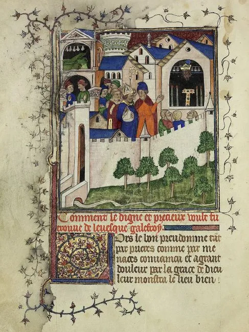 The bishop and the discovery of the sacred relic — illumination from the Codice Rapondi