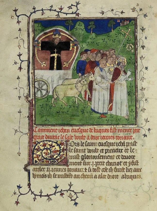 The ox-drawn cart on its way to Lucca — illumination from the Codice Rapondi